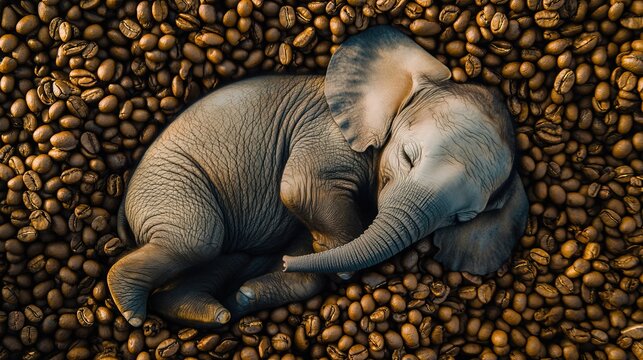 Top view of Elephant sleeping top of coffe beans storage 