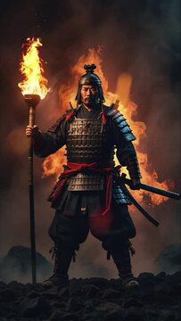 A samurai holds a torch. Seamless 4K looping timelapse video animation background