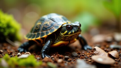 Obraz premium Baby box turtle amid forest moss and leaves, creating a natural, warm-toned scene