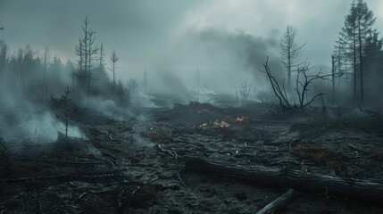 Fototapeta premium Apocalyptic forest landscape with fallen trees and smoke rising