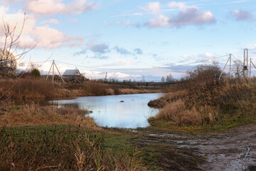 Fototapeta premium Flowing river through the village of Bolshaya Kunest, Leningrad region, Russia, with yellowed autumn grass and clouds above.