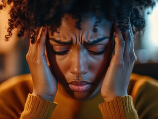 A woman with curly hair holds her head in distress, eyes tightly closed. The focus captures her intense emotion, suggesting stress or a headache setting in.