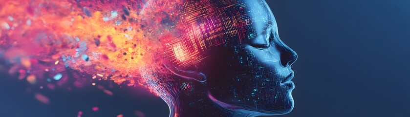 Naklejka premium Digital Human with Exploding Code and Data