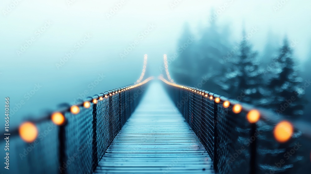 Poster a moody shot of a city bridge enveloped in fog, with the lights creating a hazy glow and adding to t