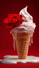 Pink ice cream and rose in waffle cone