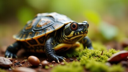 Obraz premium Baby box turtle amidst moss, leaves, and earthy tones, captured with a serene, warm atmosphere