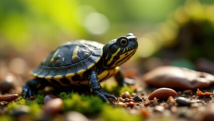 Fototapeta premium Young baby box turtle resting among leaves, its shell textures detailed in warm natural light