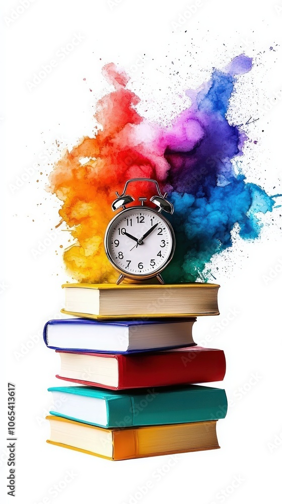 Poster explore the intersection of time and knowledge with colorful books