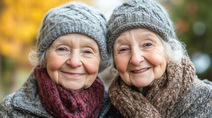old twins grandma, photograph side by side and smiling to camera