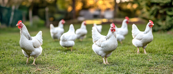 Fototapeta premium A serene view of a vibrant chicken farm at sunset featuring numerous white chickens grazing in lush green grass