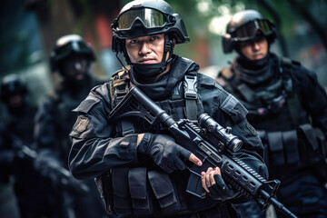 Fototapeta premium Chinese soldier in tactical gear stands alert during a military training exercise in an urban environment, showcasing preparedness and discipline in the operation