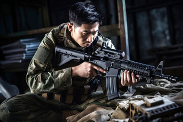 Chinese soldier in camouflage adjusts his firearm while preparing for a training exercise in a military facility, showcasing discipline and focus