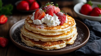 Pancake stack with fresh fruit and cream