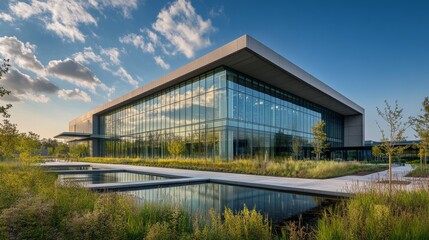 Fototapeta premium Modern Glass Building Reflecting Sky and Clouds in a Reflecting Pool