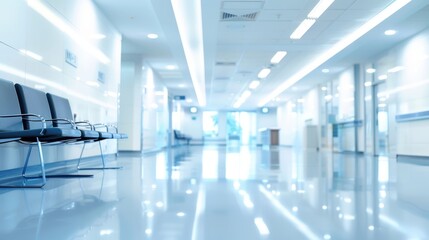 Fototapeta premium Blurred hospital entrance hall with bokeh effect for healthcare design