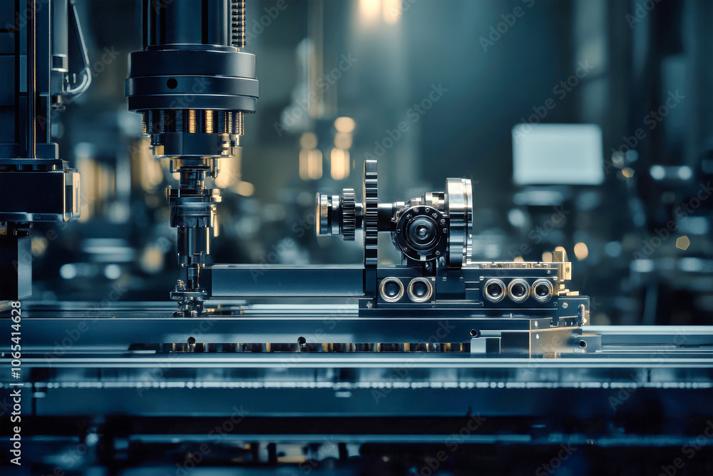 Poster cnc machine at work in a modern factory setting with cinematic lighting and a focus on sleek design 
