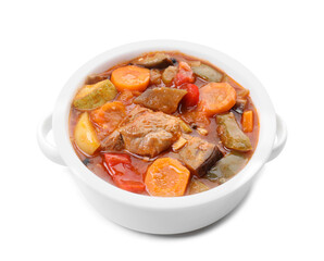 Delicious stew with vegetables in bowl isolated on white