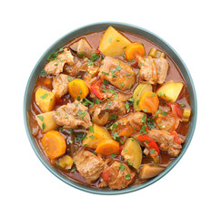 Delicious stew with vegetables isolated on white, top view
