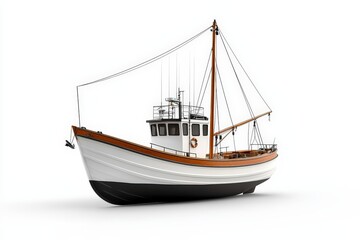 Naklejka premium A detailed view of a traditional fishing boat showcasing its wooden design and sturdy structure against a white background.