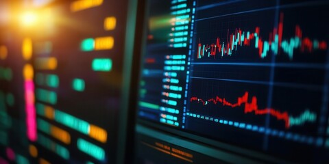 Obraz premium Busy stock market trading floor, multiple monitors displaying financial data, dynamic wideangle shot, vibrant colors and high energy, representing finance and global business