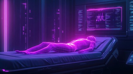 Futuristic figure lying on a bed, illuminated by neon pink lights, digital environment.
