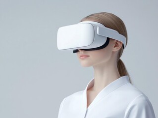 Person wearing virtual reality headset, white isolate background