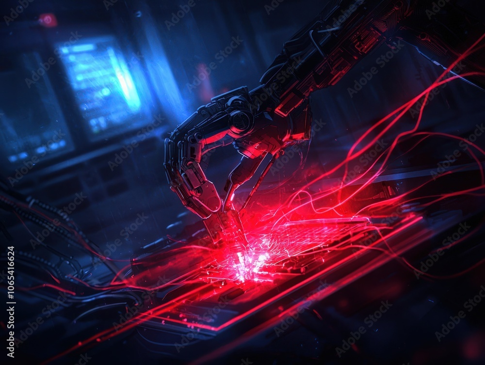 Poster robotic hand manipulates neon circuitry in futuristic tech setting