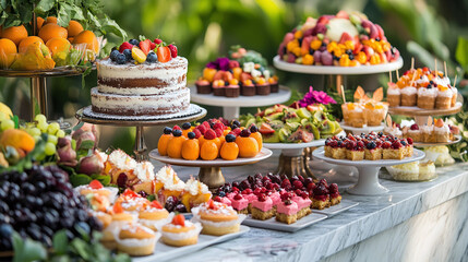 Creative Display of Intricately Designed Cakes and Pastries, Artfully Arranged on a Marble Tabletop with Colorful Fruit and Edible Flowers for Added Elegance