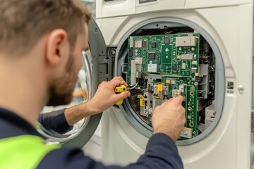 Technician repairing circuit board inside a washing machine, focused on electronics and appliance maintenance.