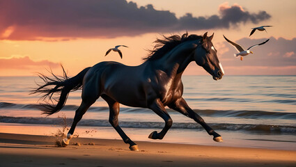 Black horse run on sea cost