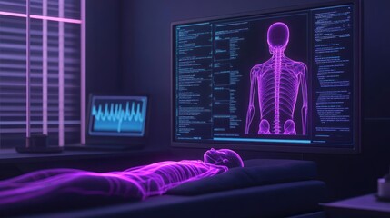 Futuristic medical room with a holographic skeleton and data display.