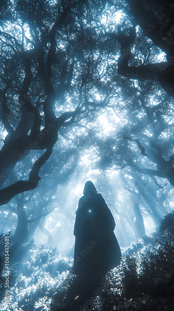 Poster mysterious figure stands in ancient forest, surrounded by twisted trees and ethereal light. atmosphe