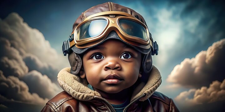 Black Baby Pilot, Double Exposure, AI Photo, Portrait,  Cute, Adorable,  Fashion