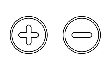 Obraz premium Plus and minus icon outline vector. Plus and Minus icon shape button set. Add, zoom, cross, positive logo symbol. vector of simple plus and minus signs. Vector illustration. Eps file 31.