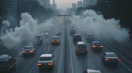 A crowded city street below a skyline, with heavy vehicle traffic creating air pollution and smoggy conditions