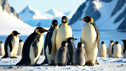 Obraz premium Majestic emperor penguins in antarctic landscape with snow-covered mountains