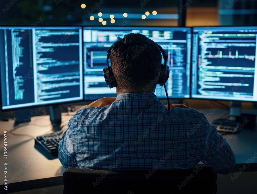 Poster tech professional analyzes data with multiple monitors and headphones