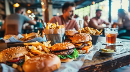 Fototapeta premium A family having a casual dinner of burgers and fries, with a relaxed, fun atmosphere