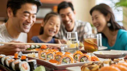 Naklejka premium A family having a casual dinner of sushi and laughter, with a fun, informal setting