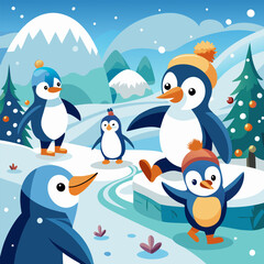 Obraz premium Cute illustration of a group of penguins enjoying the winter wonderland. Perfect for children's books, holiday cards, or winter-themed designs.