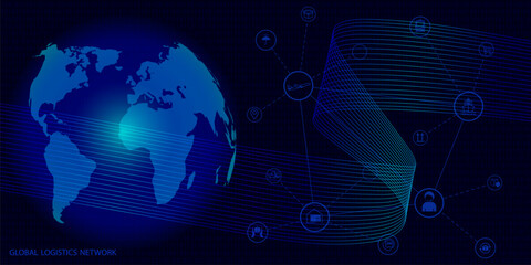 Global logistics network in dark blue. Map global logistics partnership connection.  Globe  with logistics icons in neon style. Global logistics concept for your design. EPS10.