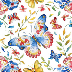 Obraz premium A butterfly patterned wallpaper with a variety of butterflies in different colors. The butterflies are surrounded by flowers and leaves. 