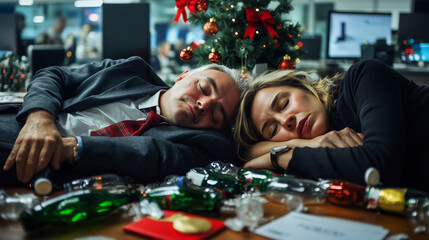 Two work colleagues are asleep in their place of work, looking dishevelled and surrounded by...