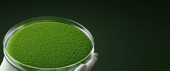 A hand holds a shallow dish filled with vibrant green microalgae against a dark background.