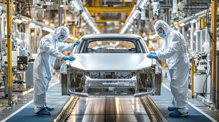 Fototapeta premium Workers in protective suits paint a car body on the production line in a factory with soft lighting and a sleek, modern aesthetic