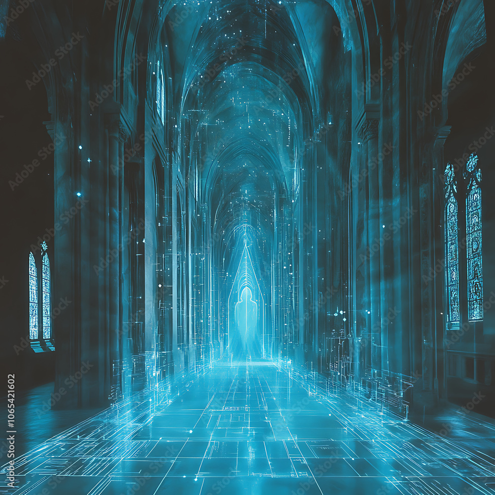 Poster serene gothic space with ethereal blue light and digital patterns, creating sacred atmosphere. inter