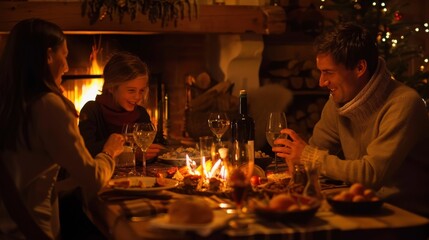 A family sharing a cozy dinner by the fireplace, with a warm, intimate ambiance