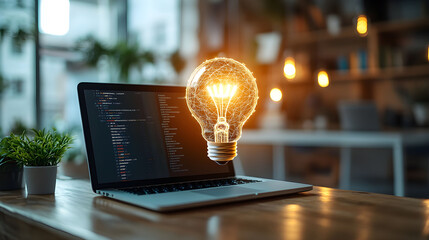 A laptop displaying code with a glowing light bulb above it symbolizes innovative ideas and creativity in a modern workspace