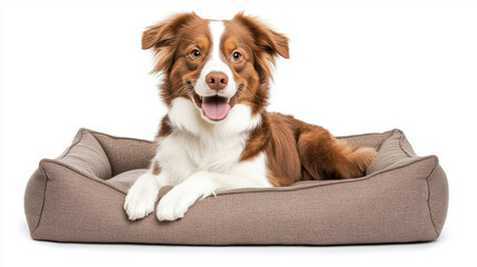 Happy dog sleep in bed, happy Australian Shepherd dog lying on cozy bed, looking playful and relaxed.  Isolated on white background