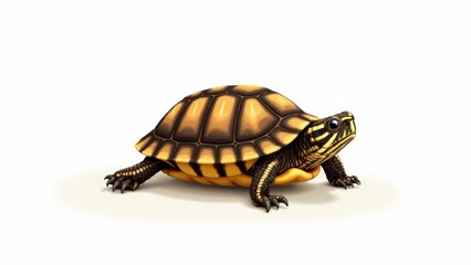 Obraz premium A baby box turtle on white, showcasing its natural shell markings in brown and yellow shades